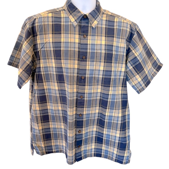 LL Bean Plaid Button Down Shirt Size Large TALL Short Sleeve Dusty Blue Tan - Picture 1 of 8